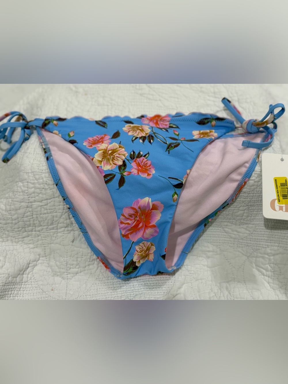 Blue Floral Tie-Side Bikini Bottoms with Pink Lining
